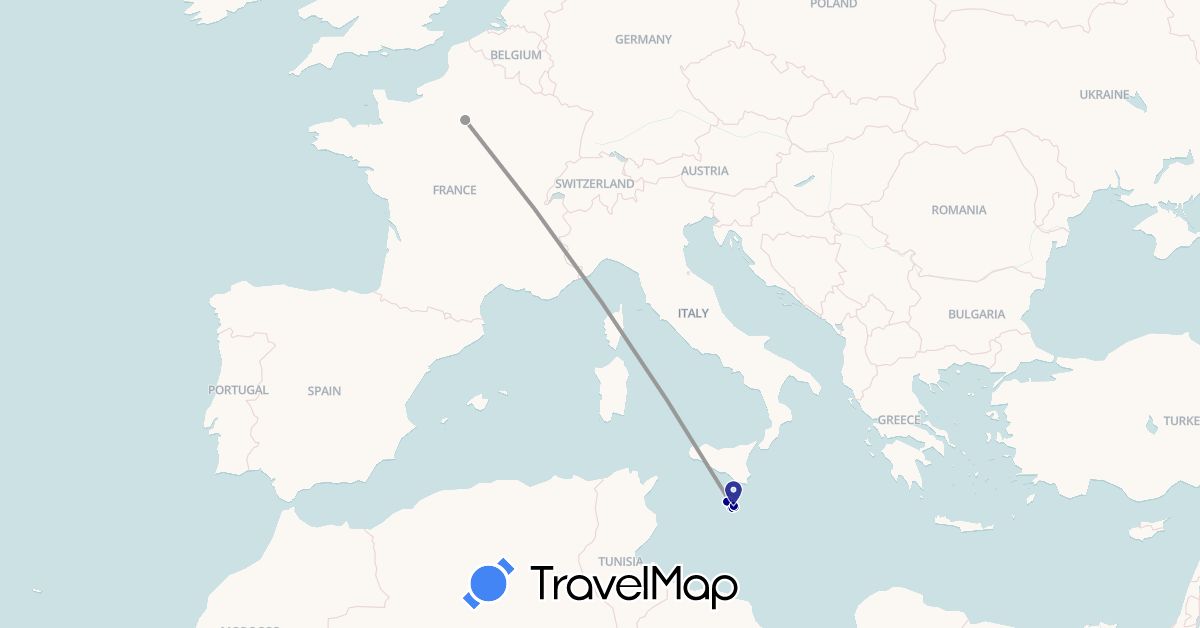 TravelMap itinerary: driving, plane in France, Malta (Europe)